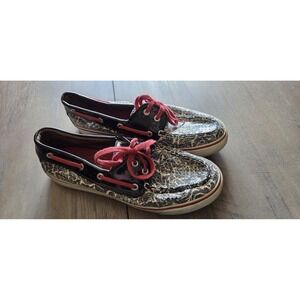 Sperry Top-Sider Boat Shoes W/ Black & White Sequin Floral Pattern Women Size 7M